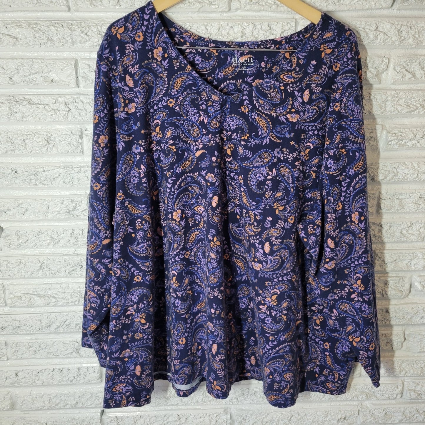 Denim Co Womens Top 5X Plus Long Sleeve Blue Paisley Cotton Blend Comfy Casual