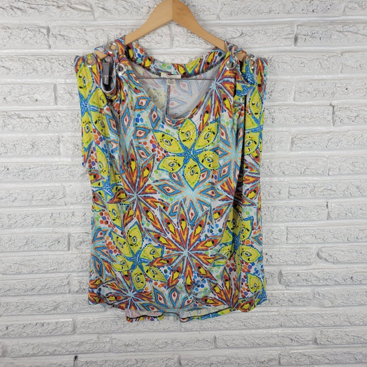 Westbound Womens Top 2X Plus Short Sleeve Grommets Cold Shoulder Blue Floral