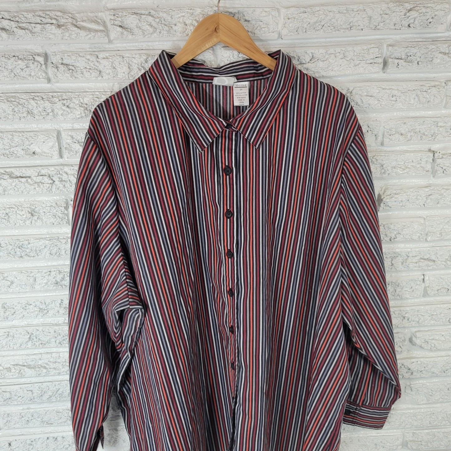 Roamans Womens Top 3X Plus Long Sleeve Button Up Black Red Stripe Lightweight