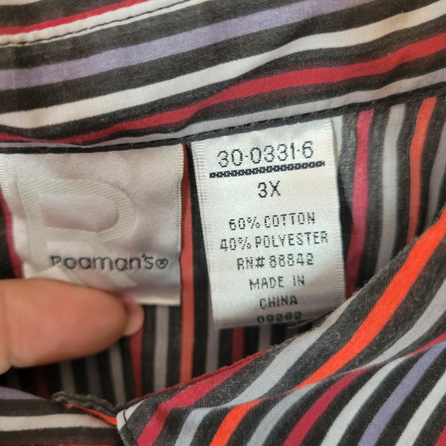 Roamans Womens Top 3X Plus Long Sleeve Button Up Black Red Stripe Lightweight