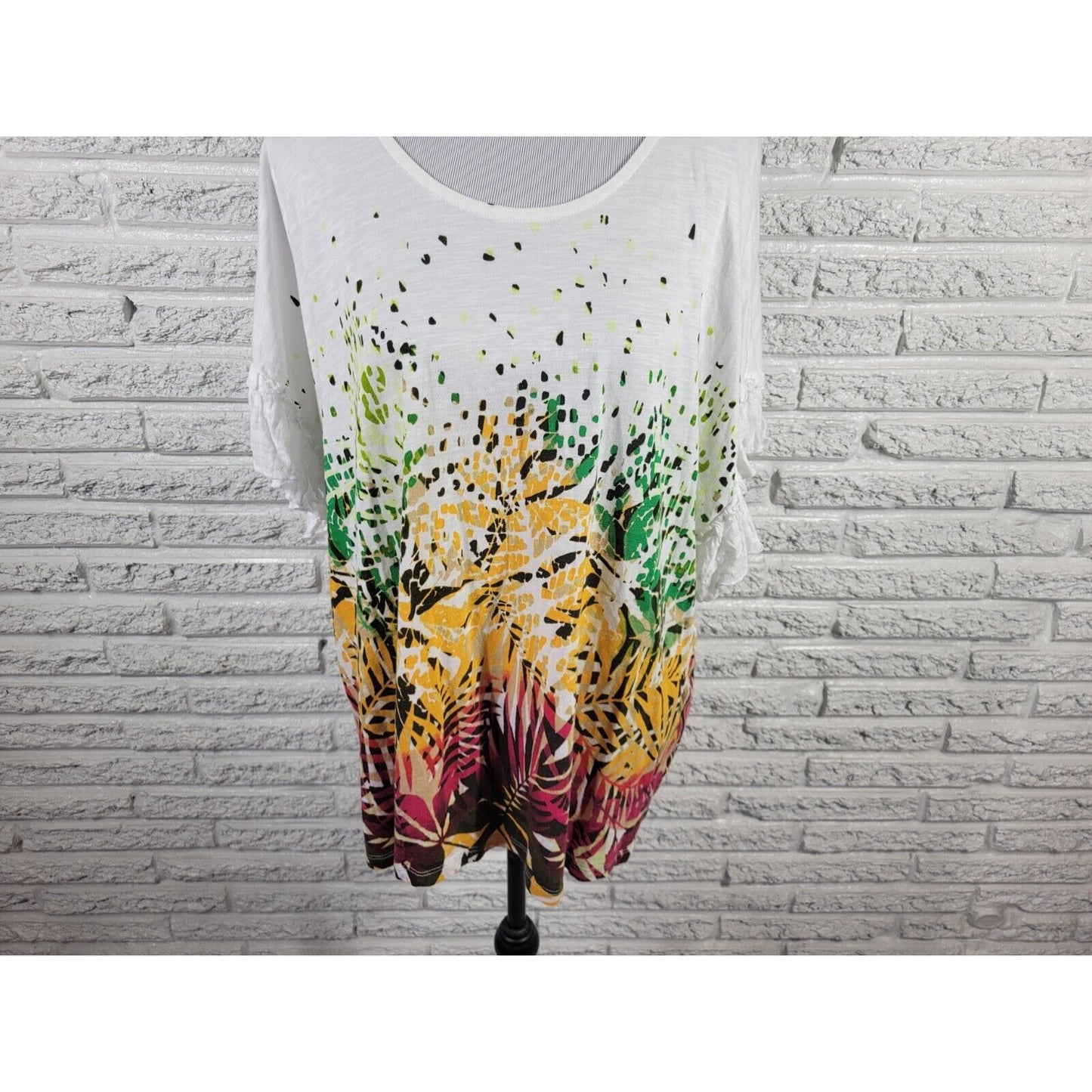 Est 1946 Womens Top 22W 24W Tee Ruffle Sleeve Yellow Floral Casual Cotton Blend