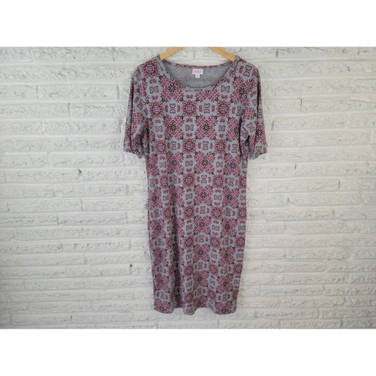 LuLaRoe Shirt Dress XL Red Geometric Boat Neck Short Sleeve Knee Length Stretch