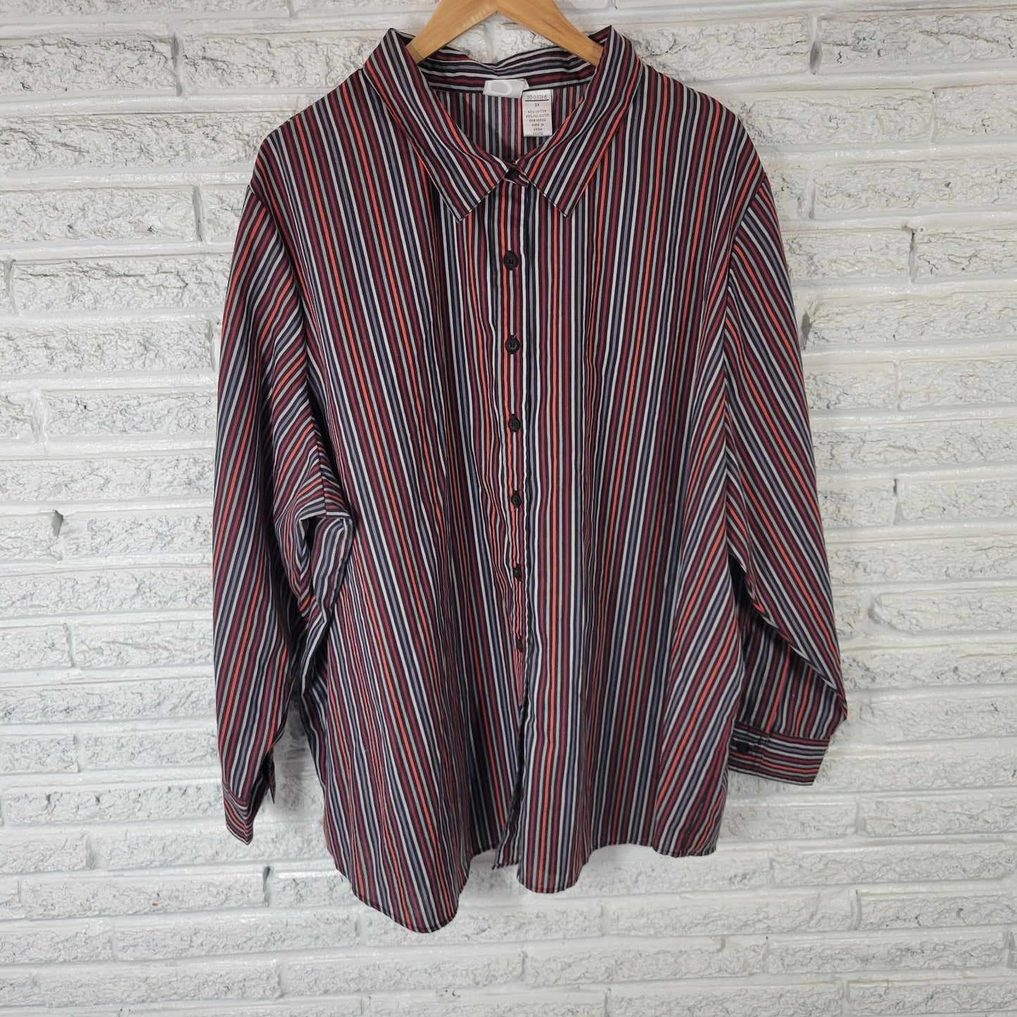 Roamans Womens Top 3X Plus Long Sleeve Button Up Lightweight Black Red Stripe