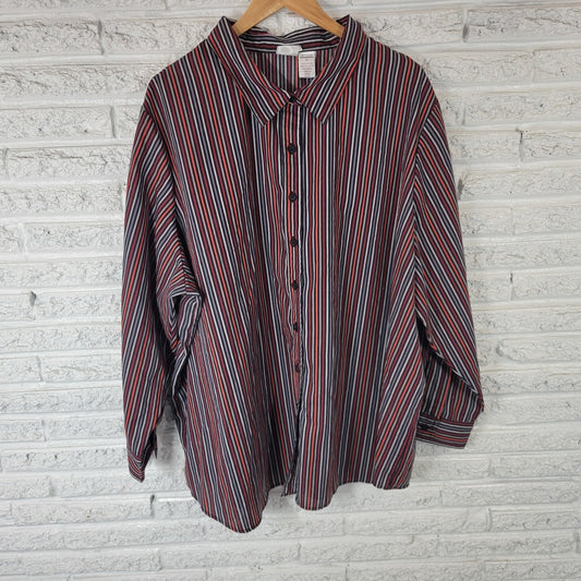 Roamans Womens Top 3X Plus Long Sleeve Button Up Lightweight Black Red Stripe