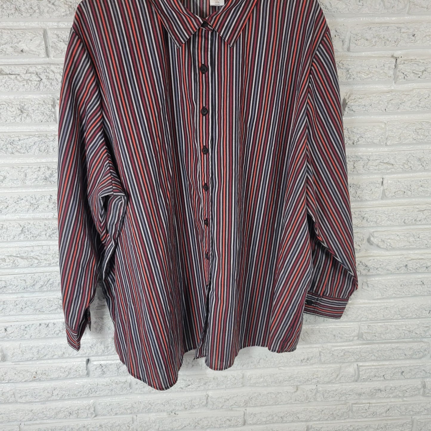 Roamans Womens Top 3X Plus Long Sleeve Button Up Lightweight Black Red Stripe