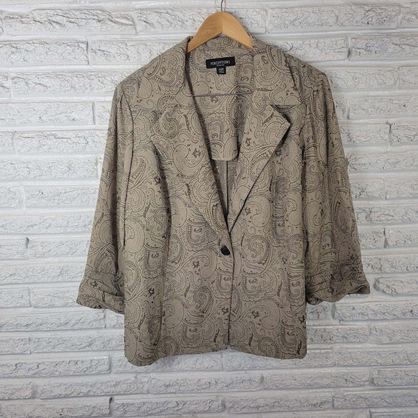 Perceptions Womens Jacket 20W Plus Blazer Pintucked Sleeve Beige Paisley Office