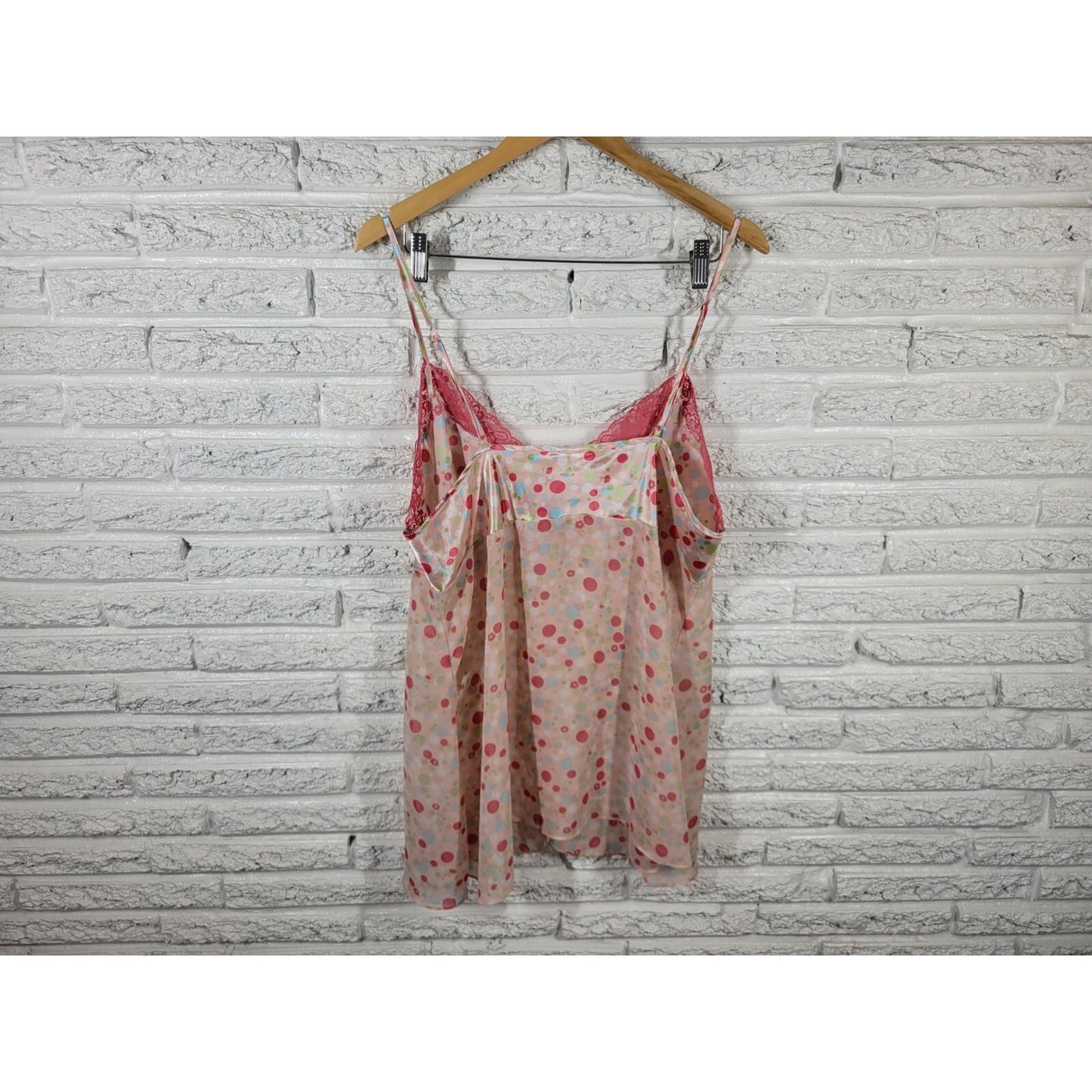 Secret Treasures Women Top 2X Plus Cami Pink Polka Dot Lace Trim Open Front