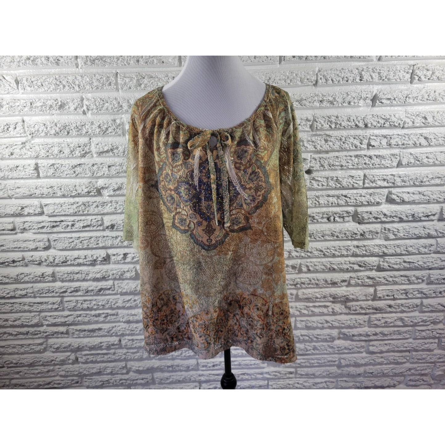 Catherine's 1X Plus Size Blouse Brown Geometric Mesh Lined Rhinestone Accents