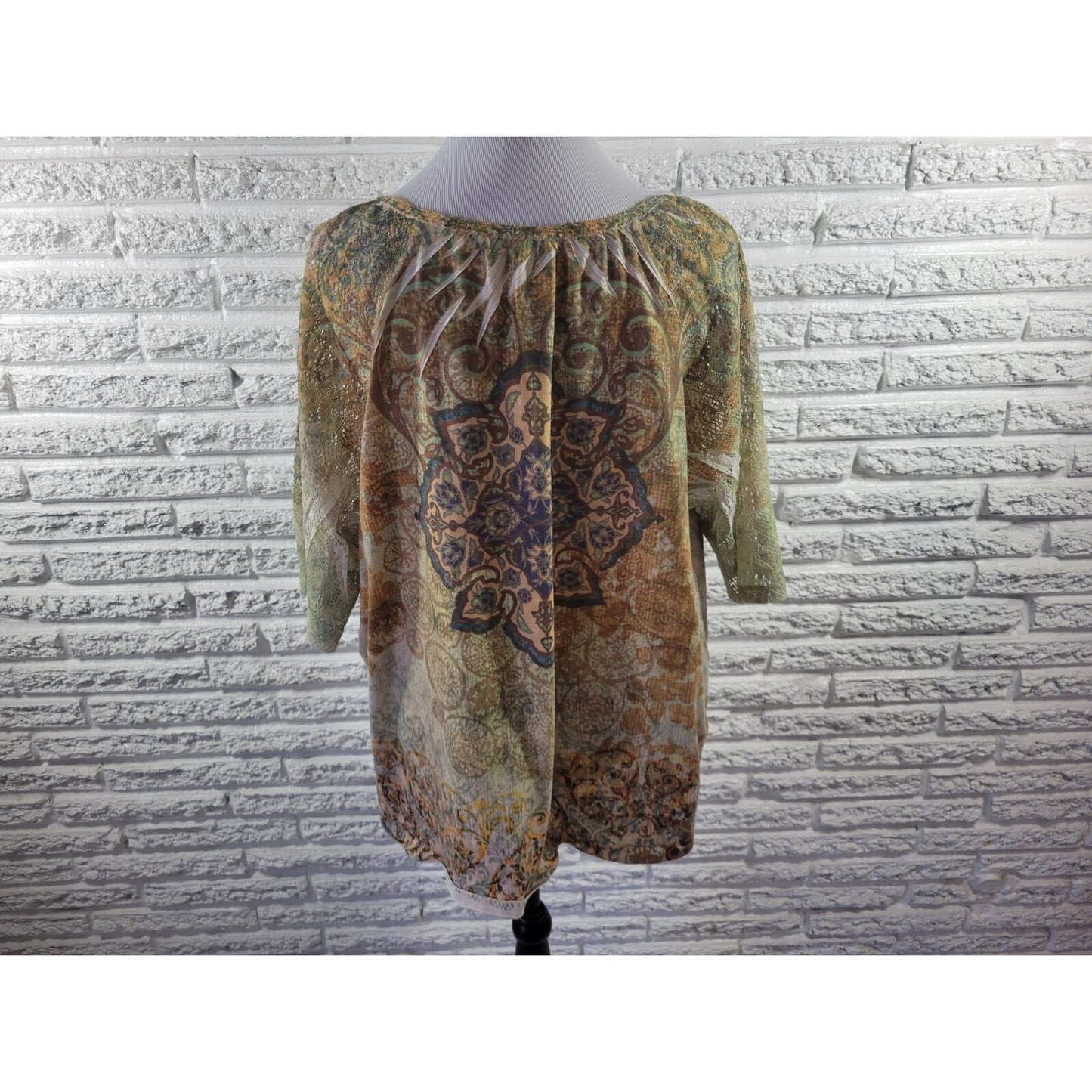 Catherine's 1X Plus Size Blouse Brown Geometric Mesh Lined Rhinestone Accents