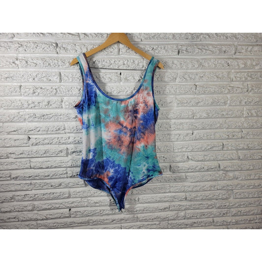 Fashion Nova Bodysuit 2X Sleeveless Wide Strap Blue Tie Dye Poly Blend Comfy