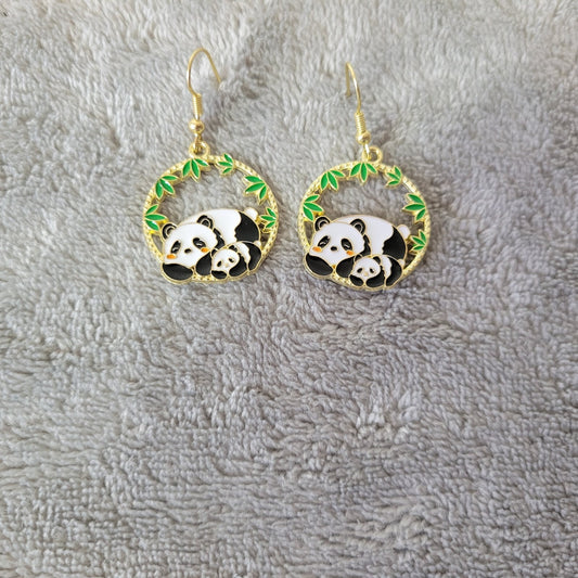 Panda Bear No. 2 Earrings Mom Baby One Pair Gold Tone Hanging Dangle Fish Hook