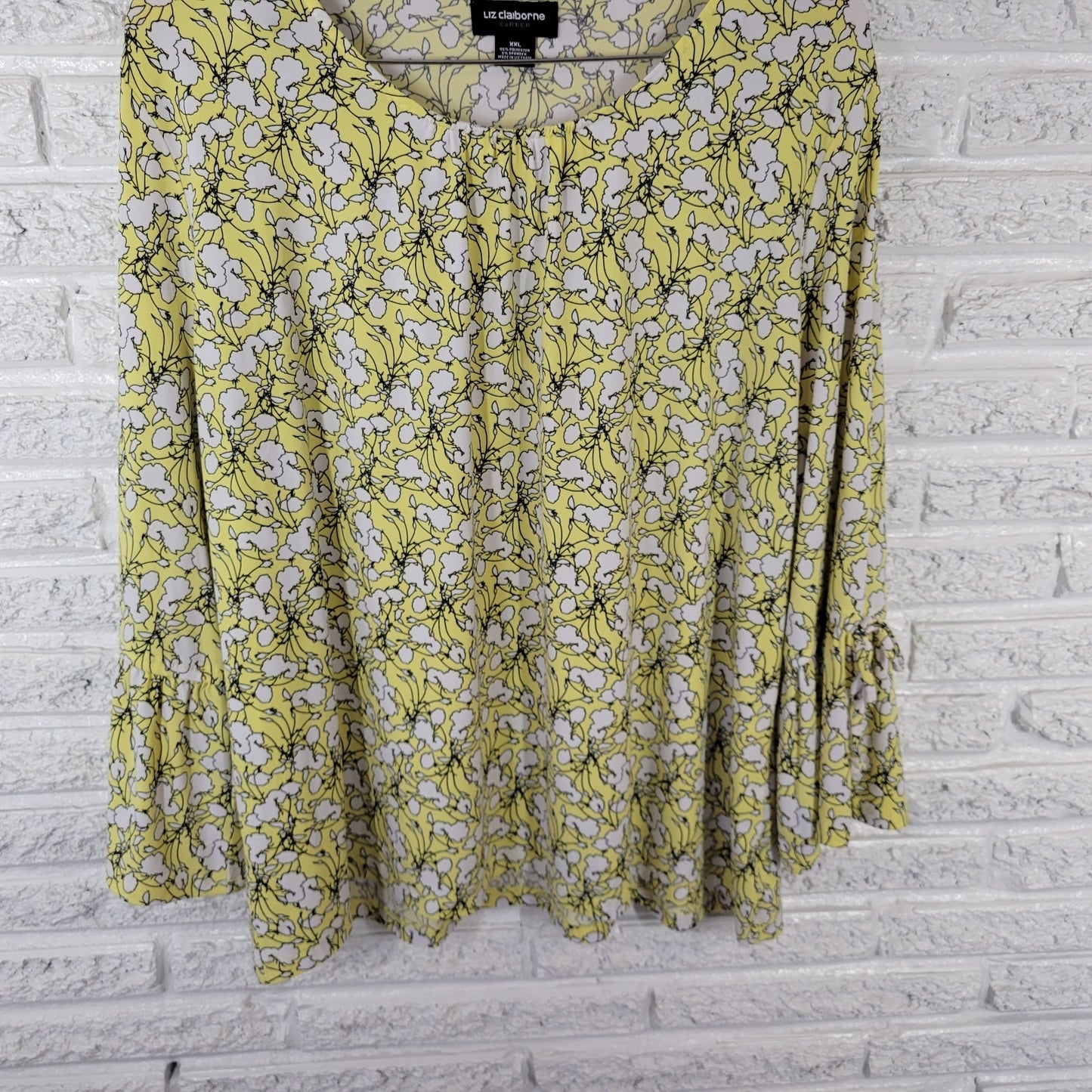 Liz Claiborne Womens Top XXL Plus 3/4 Bell Tied Sleeve Poly Blend Yellow Floral