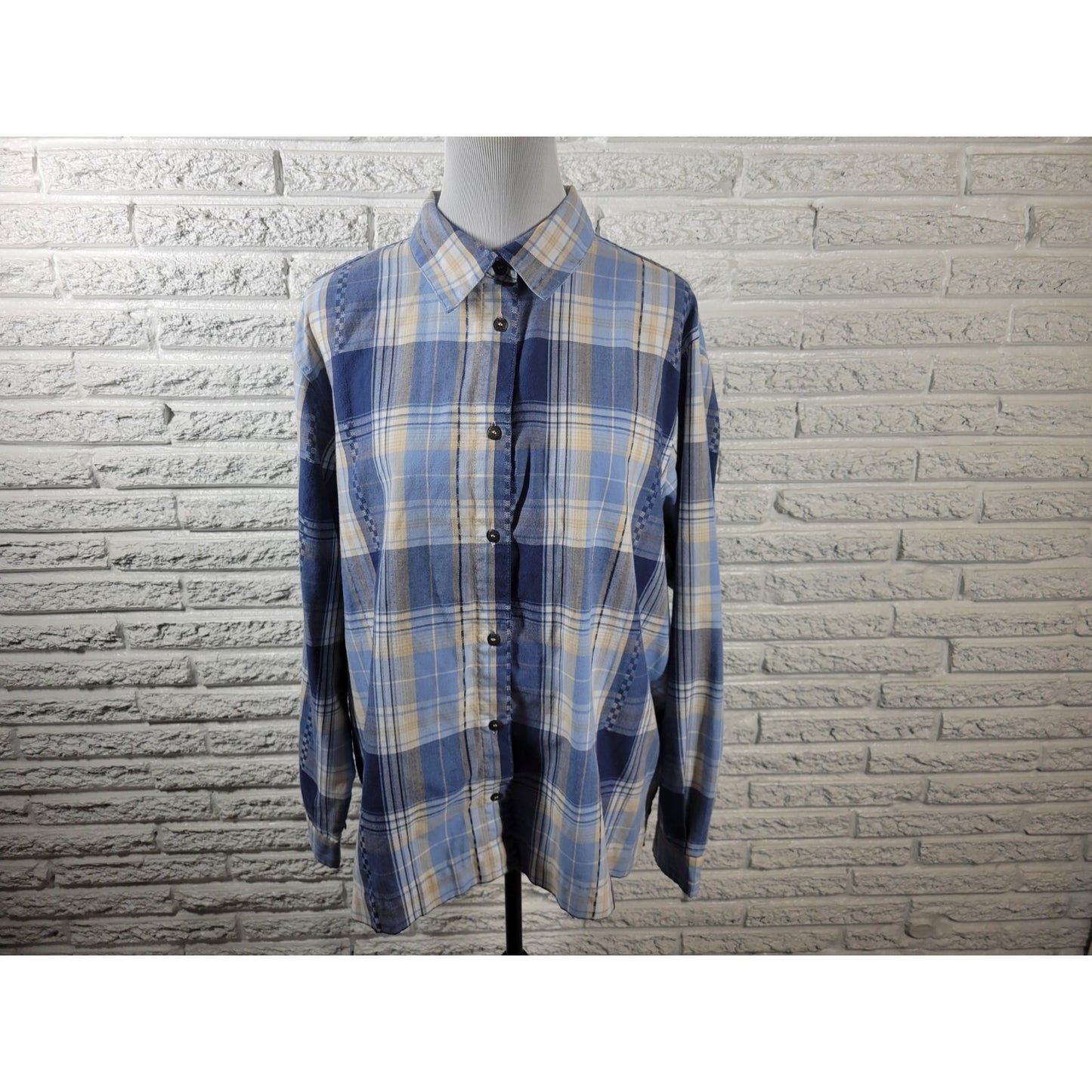 Alfred Dunner Women Top 20W Plus Long Sleeve Blue Plaid Casual Poly Blend Collar