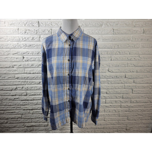 Alfred Dunner Women Top 20W Plus Long Sleeve Blue Plaid Casual Poly Blend Collar