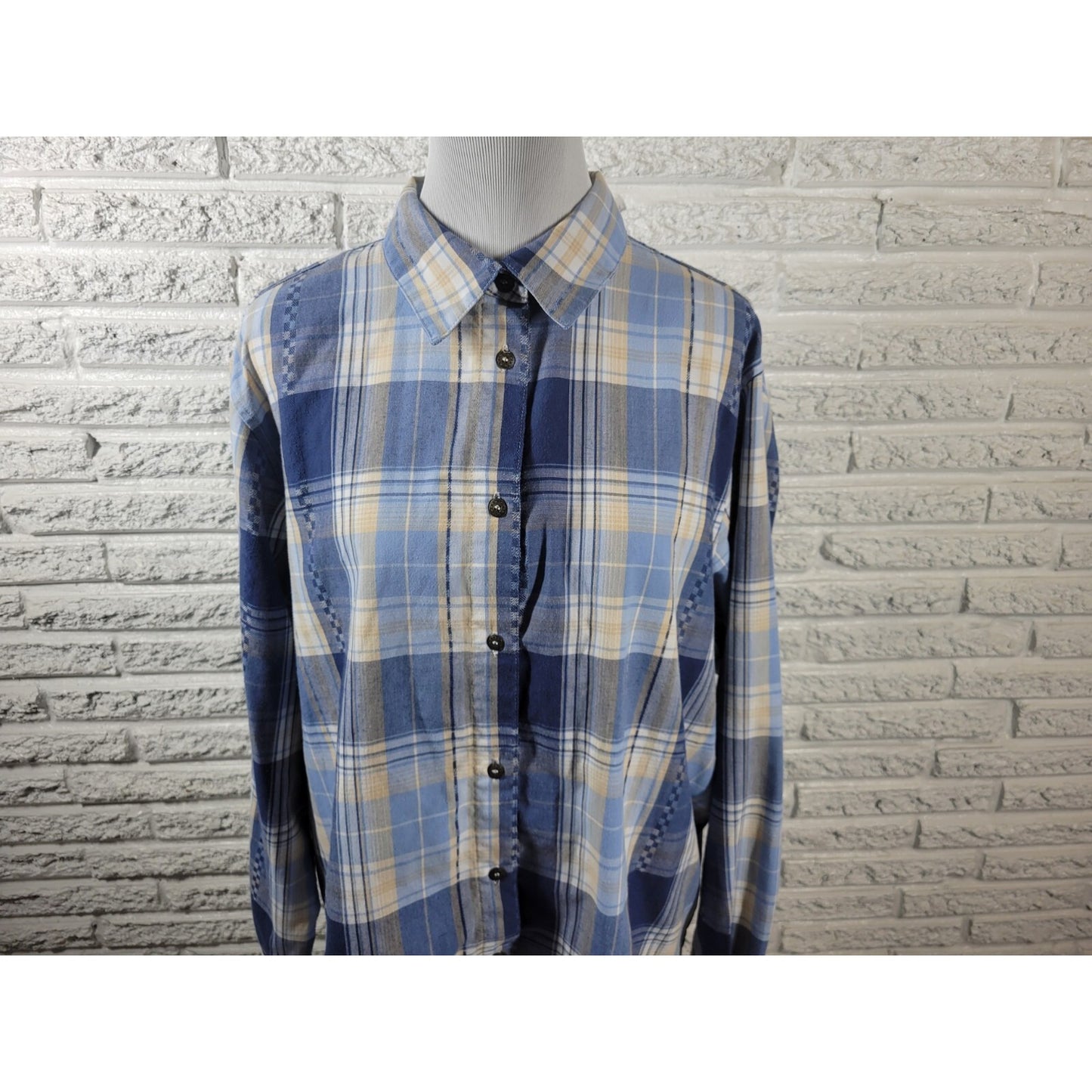 Alfred Dunner Women Top 20W Plus Long Sleeve Blue Plaid Casual Poly Blend Collar