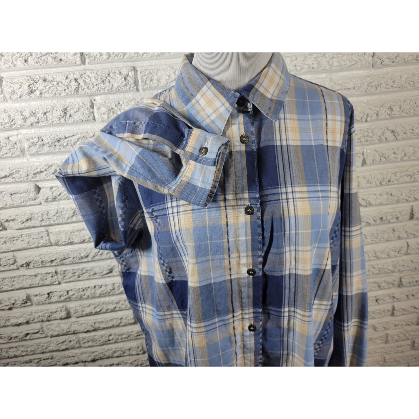 Alfred Dunner Women Top 20W Plus Long Sleeve Blue Plaid Casual Poly Blend Collar
