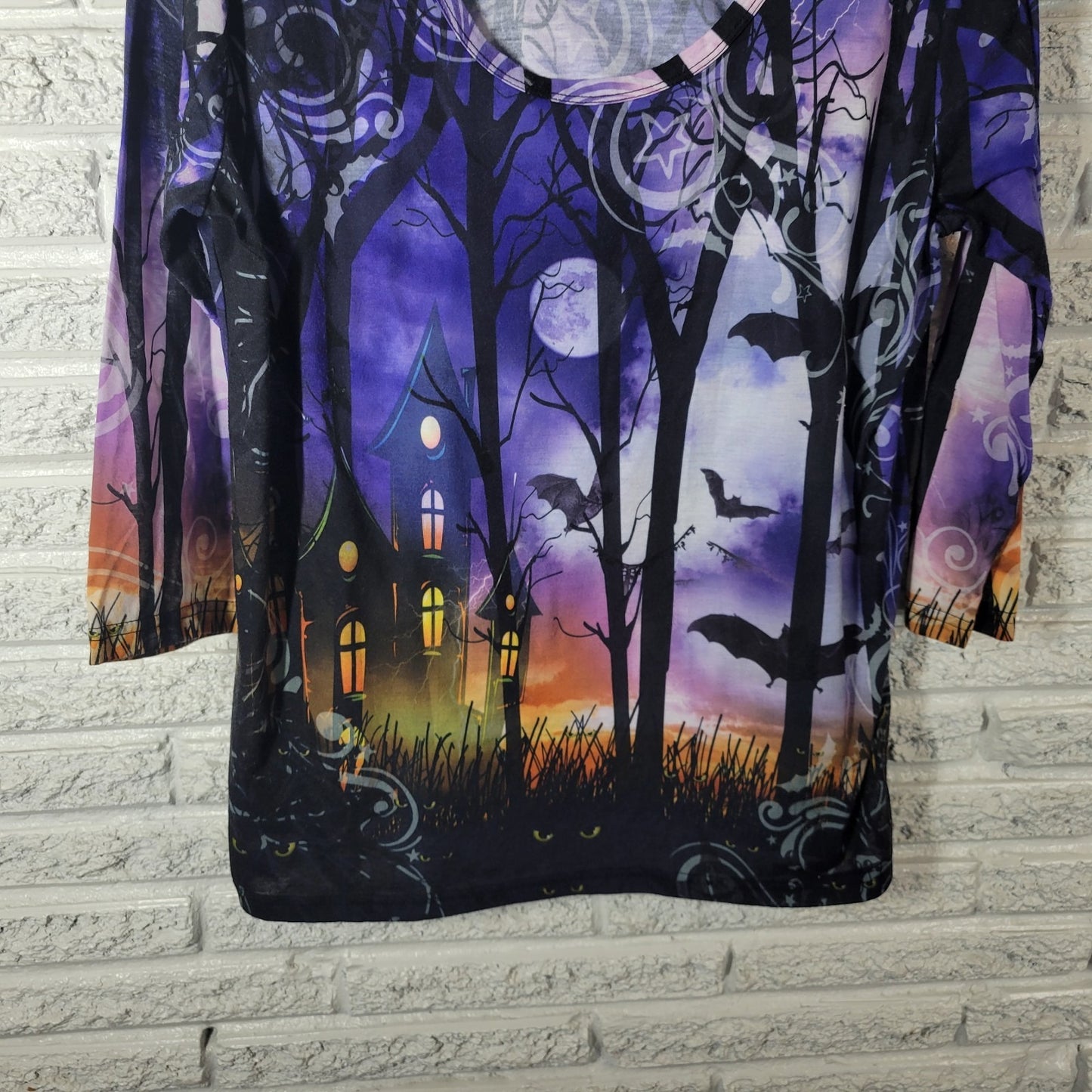 Halloween Womens Top XL 16 18 Tee 3/4 Sleeve Purple Haunted House Spooky Night