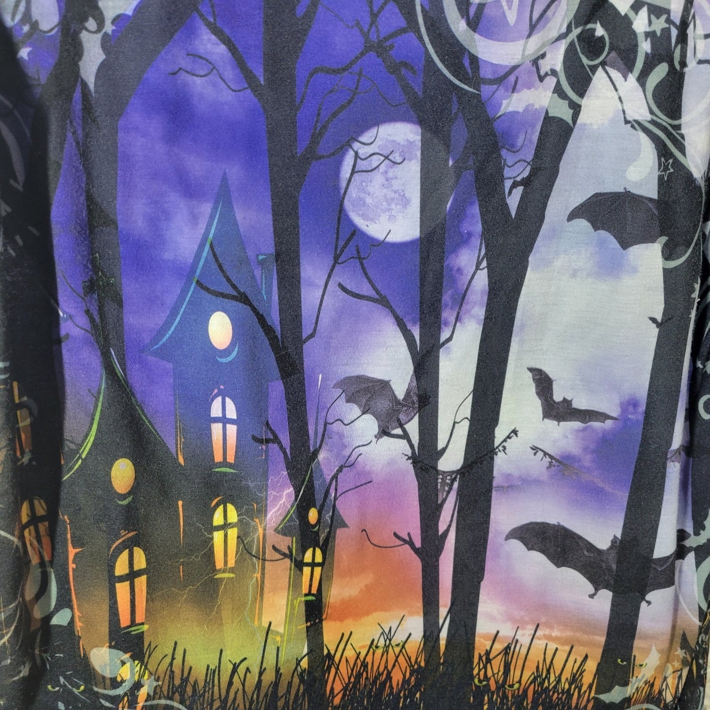 Halloween Womens Top XL 16 18 Tee 3/4 Sleeve Purple Haunted House Spooky Night