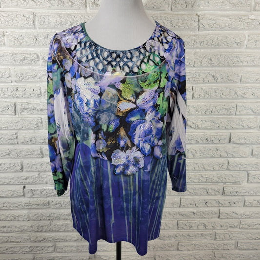 Chicos Womens Top 3 Standard XL 3/4 Sleeve Blue Floral Semi Sheer Rhinestones