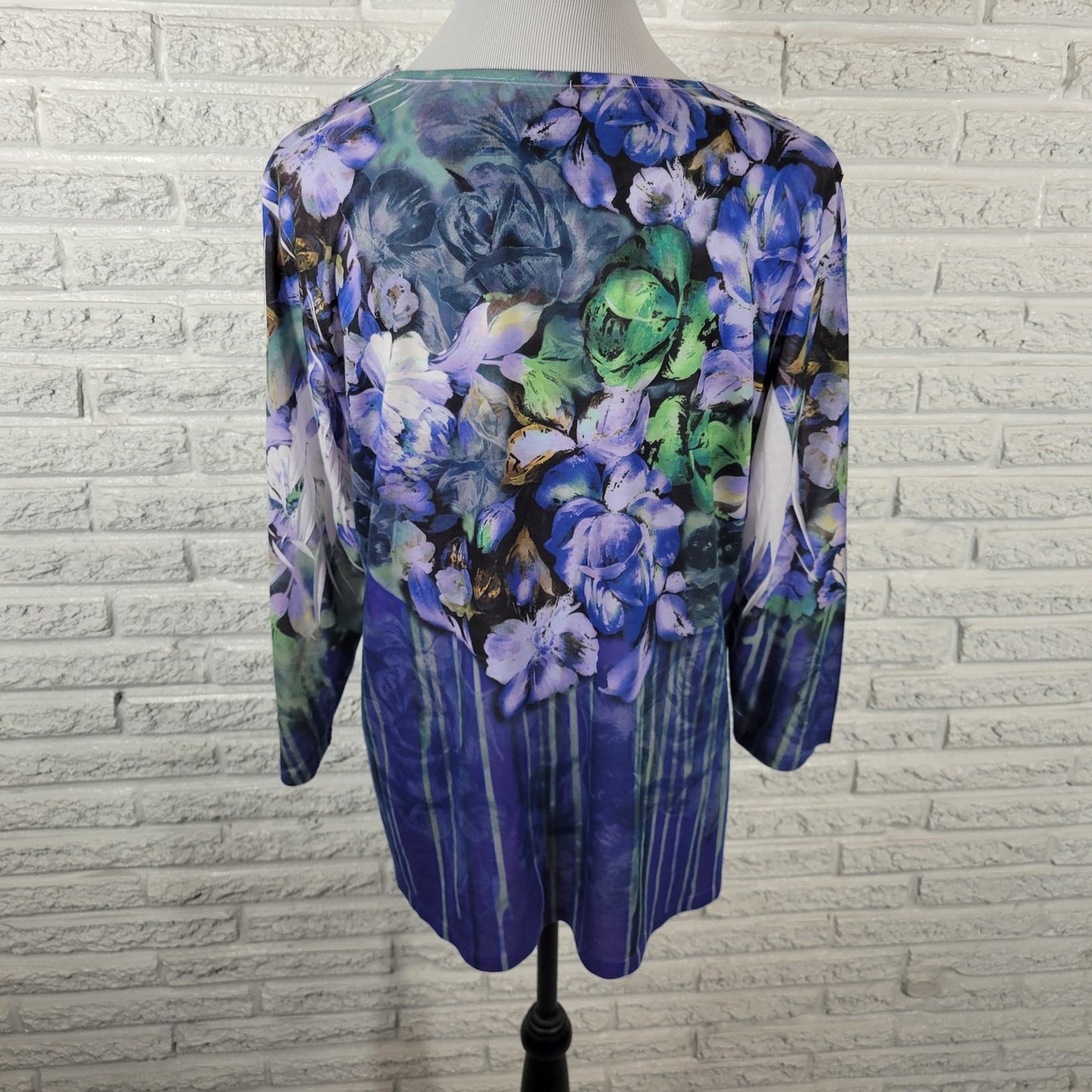 Chicos Womens Top 3 Standard XL 3/4 Sleeve Blue Floral Semi Sheer Rhinestones