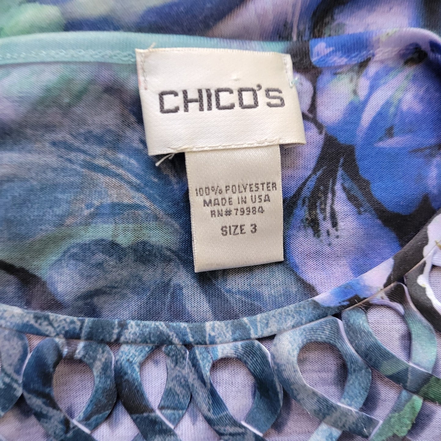 Chicos Womens Top 3 Standard XL 3/4 Sleeve Blue Floral Semi Sheer Rhinestones
