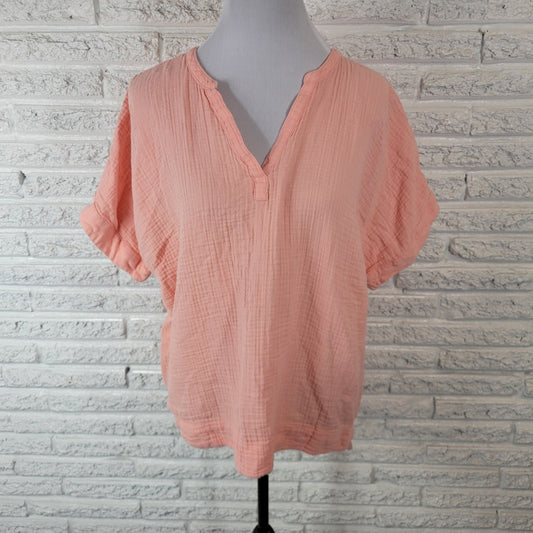 LL Bean Womens Top XL Short Sleeve Pink Cotton Cloud Gauze Casual Lightweight