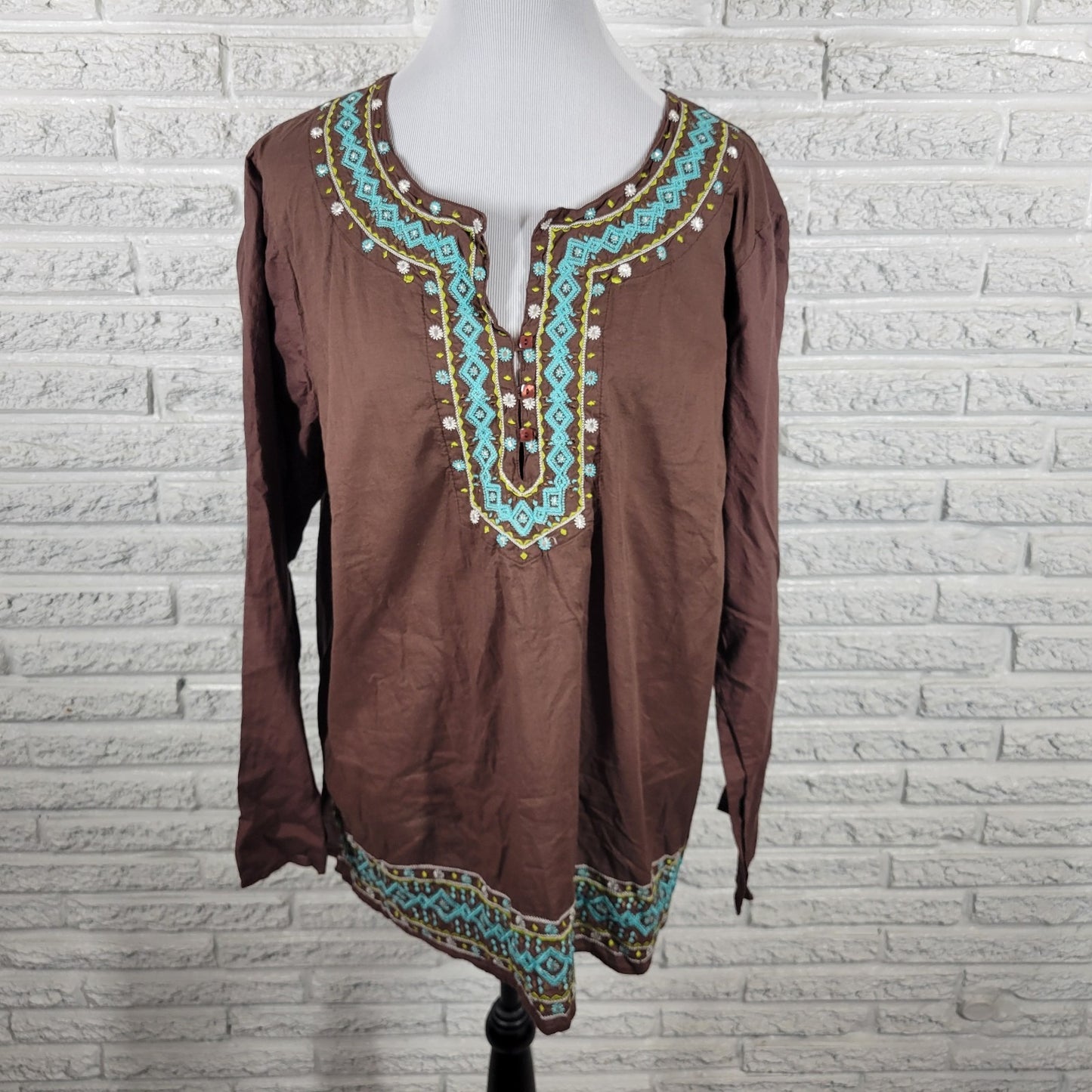 Ana Womens Top 2X Plus Tunic Brown Embroidered Semi Sheer Lightweight Casual