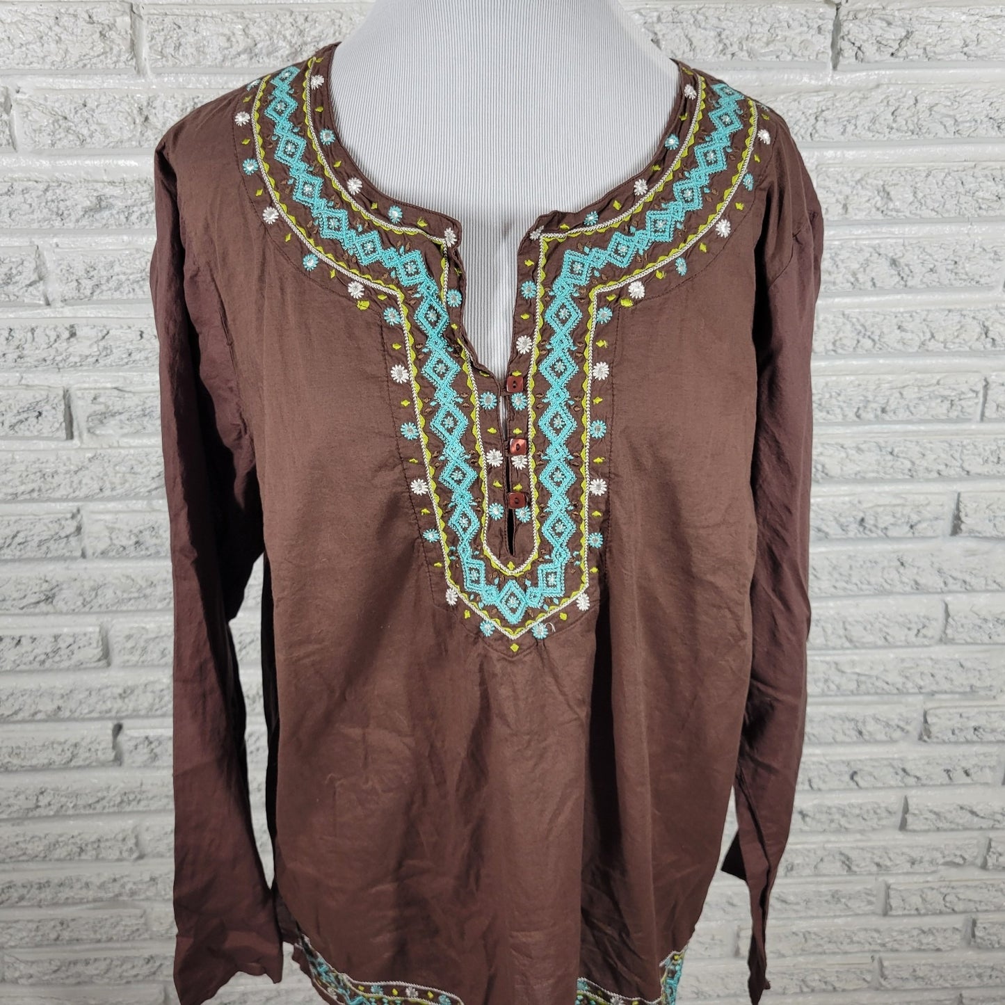 Ana Womens Top 2X Plus Tunic Brown Embroidered Semi Sheer Lightweight Casual