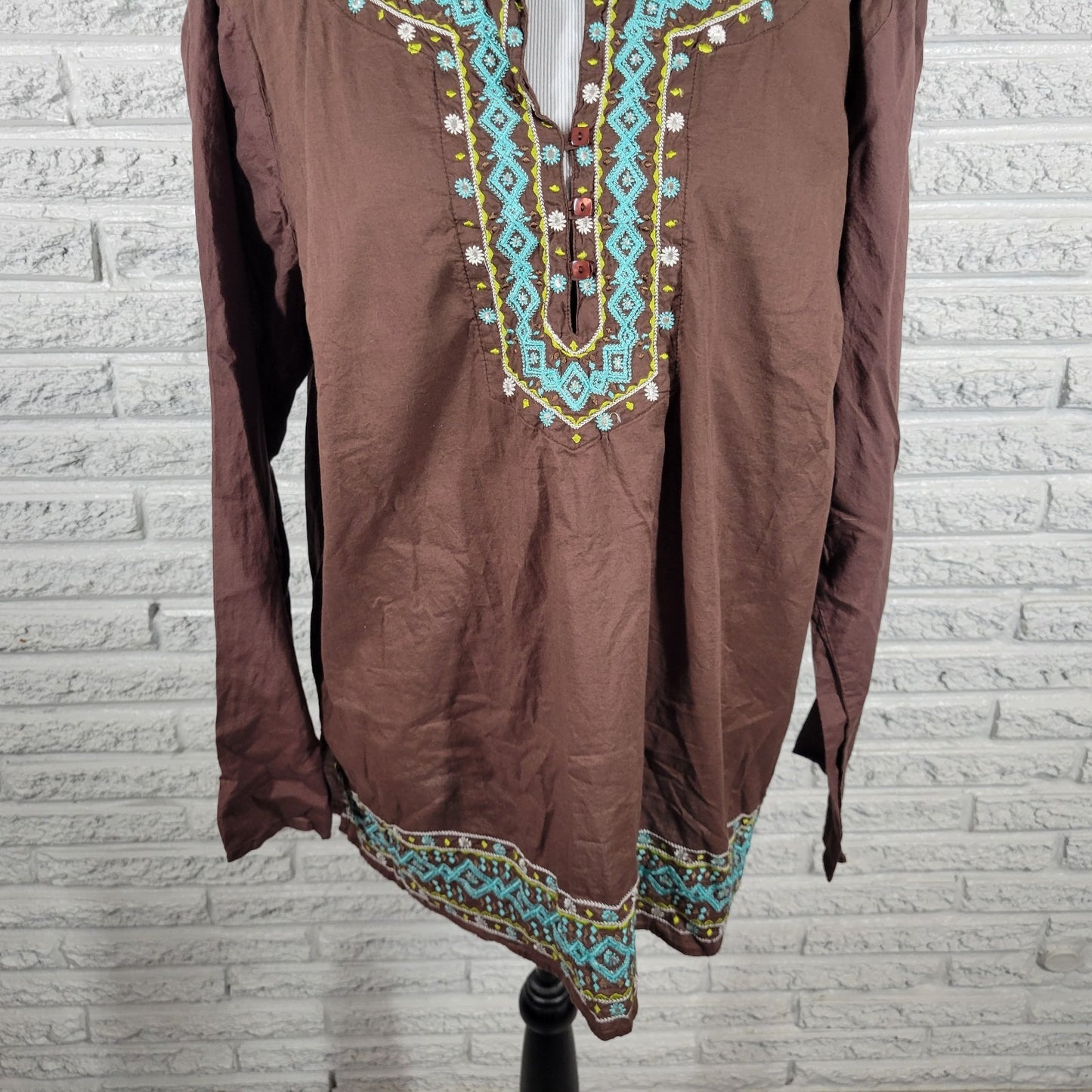 Ana Womens Top 2X Plus Tunic Brown Embroidered Semi Sheer Lightweight Casual