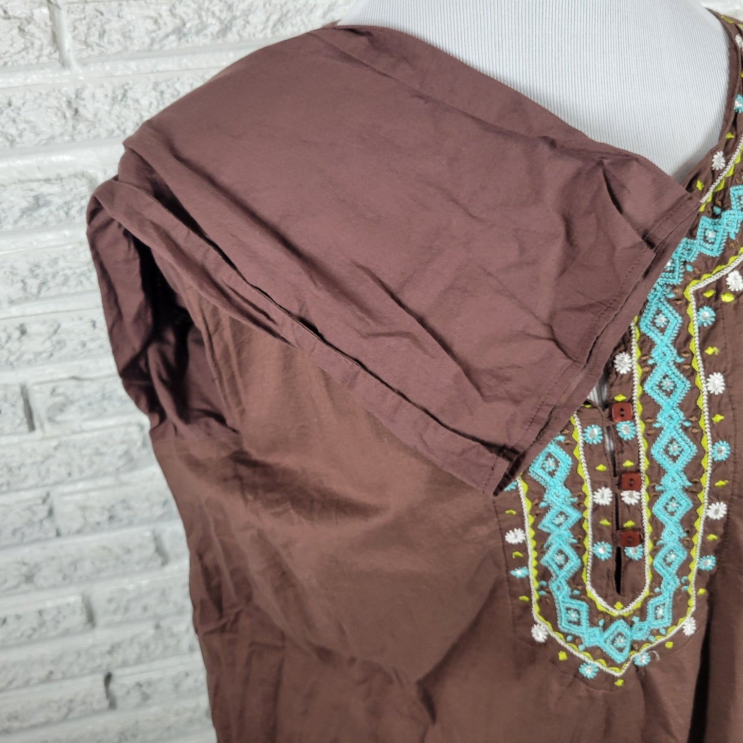 Ana Womens Top 2X Plus Tunic Brown Embroidered Semi Sheer Lightweight Casual