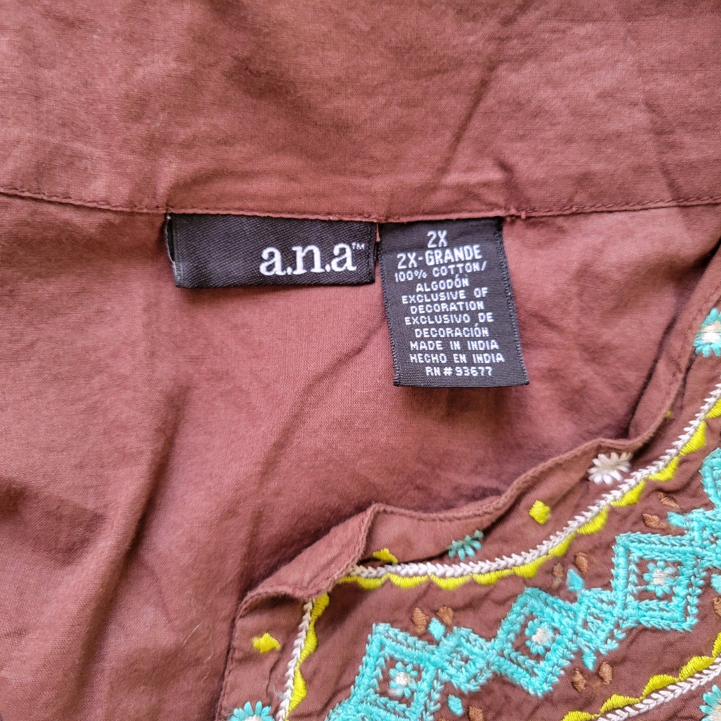 Ana Womens Top 2X Plus Tunic Brown Embroidered Semi Sheer Lightweight Casual