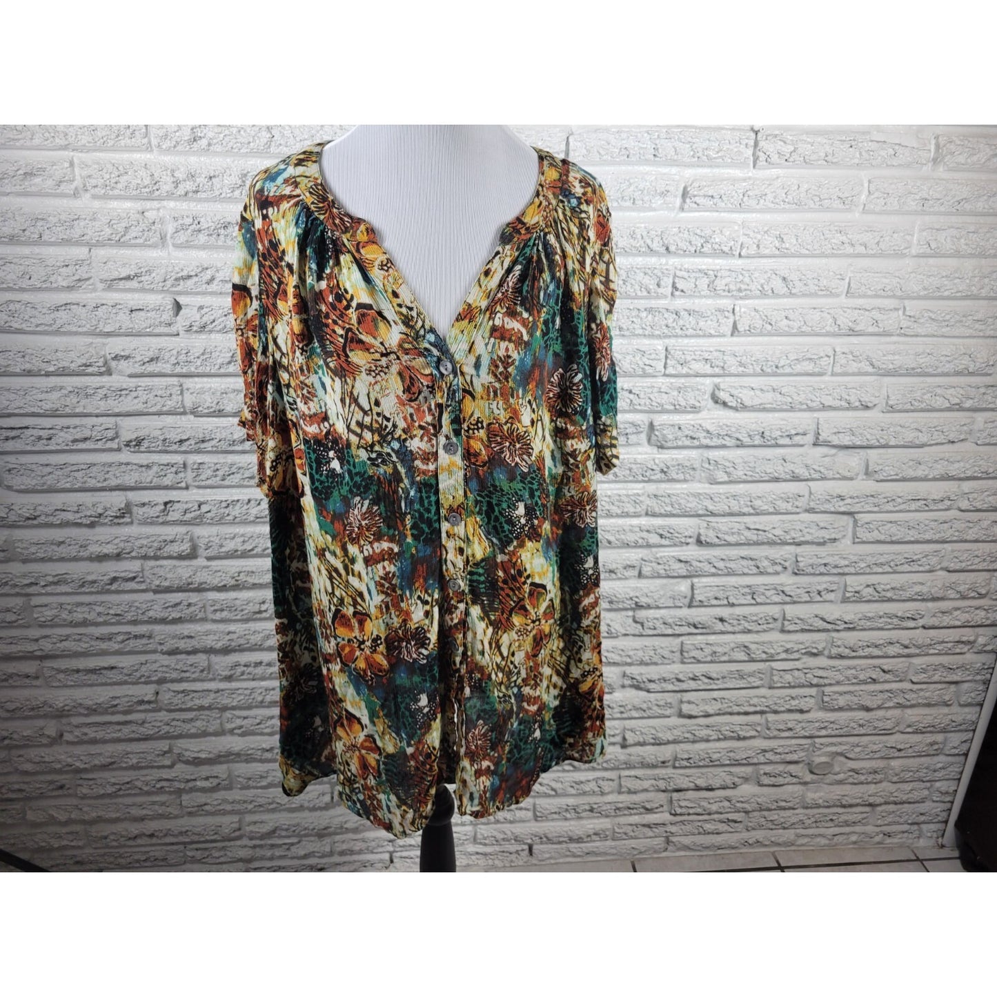 Roamans Womens Top 20W Plus Short Sleeve Brown Floral Sheer Button Up Career