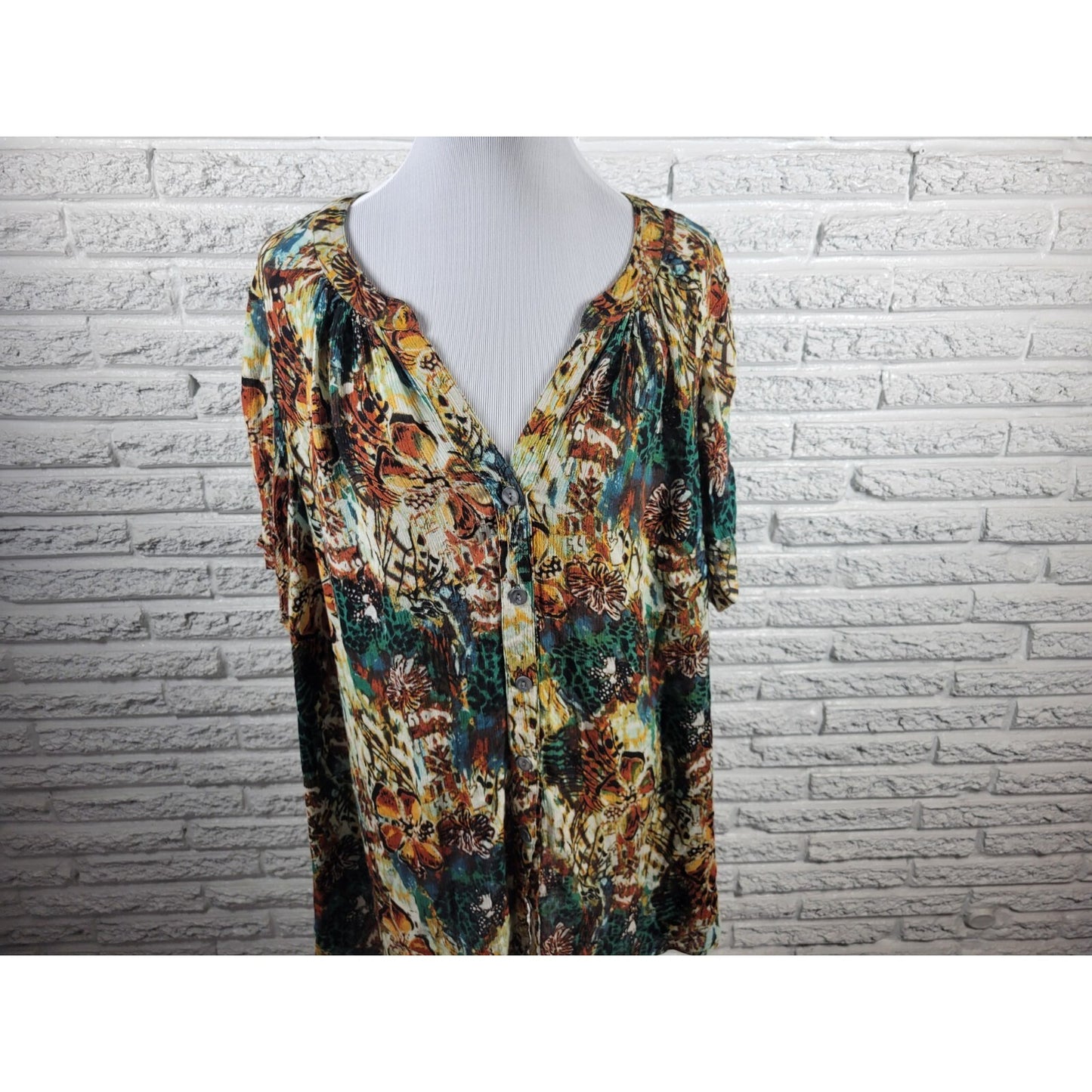 Roamans Womens Top 20W Plus Short Sleeve Brown Floral Sheer Button Up Career