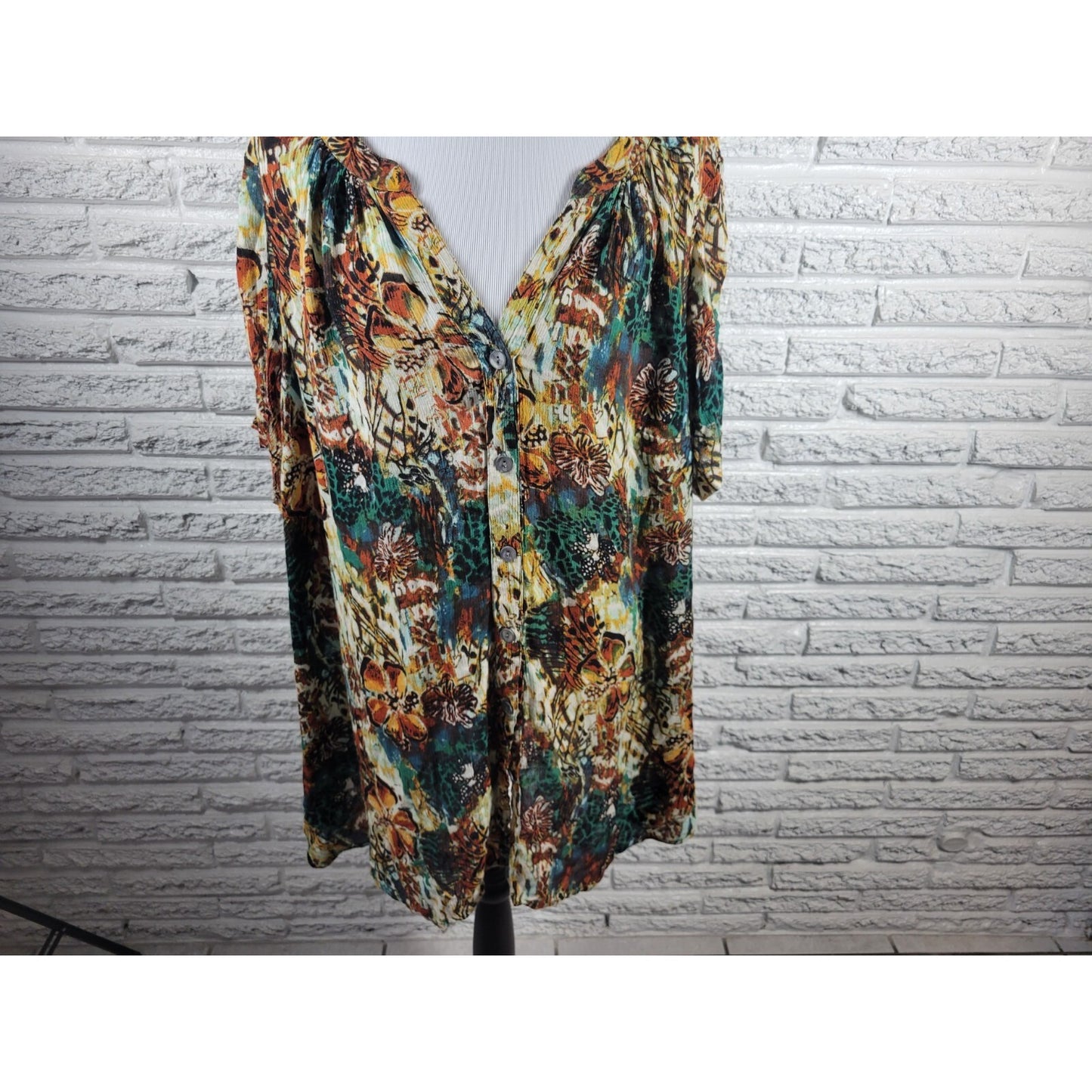 Roamans Womens Top 20W Plus Short Sleeve Brown Floral Sheer Button Up Career