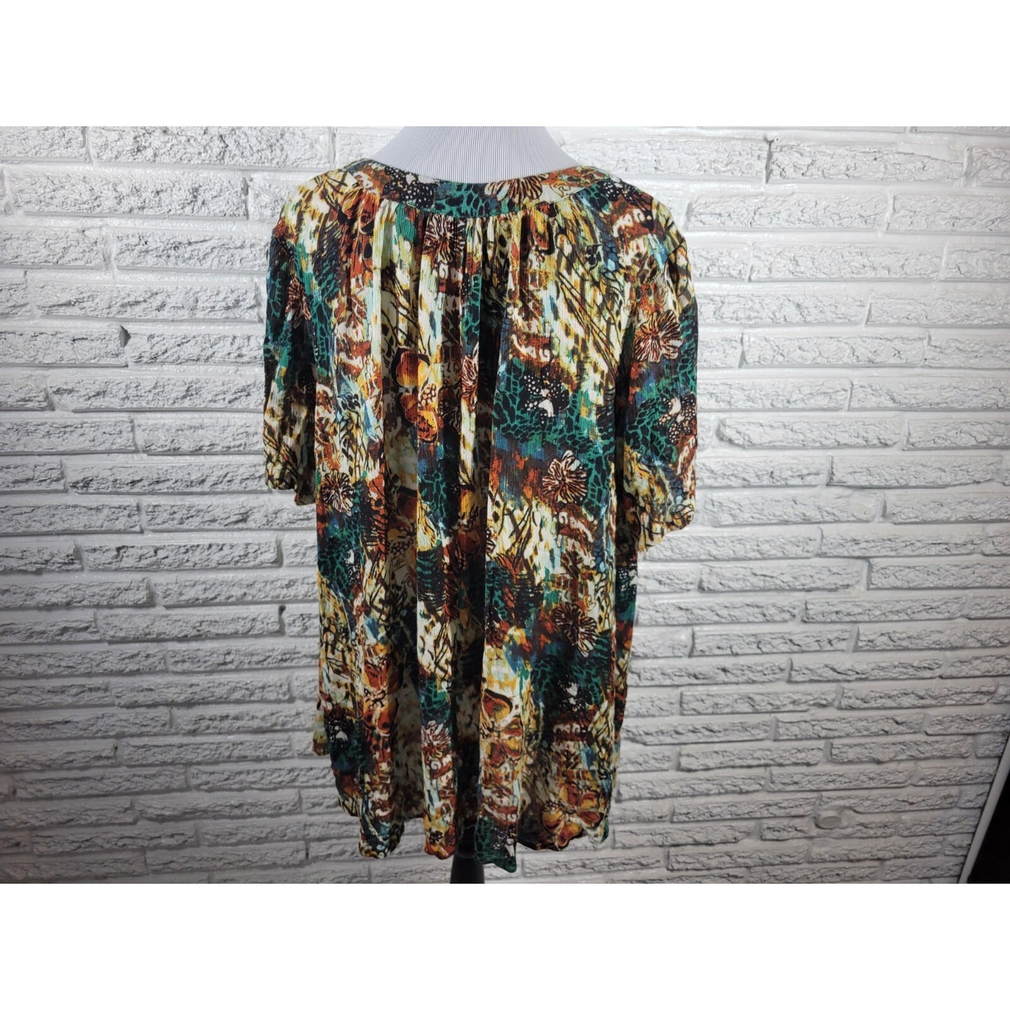 Roamans Womens Top 20W Plus Short Sleeve Brown Floral Sheer Button Up Career