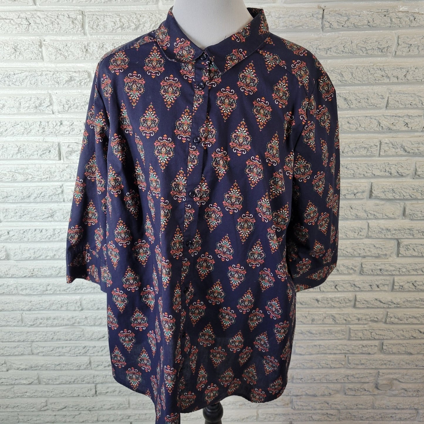 Roaman's Women 24W Plus Size Top Blue Geometric Collared Button 3/4 Sleeve