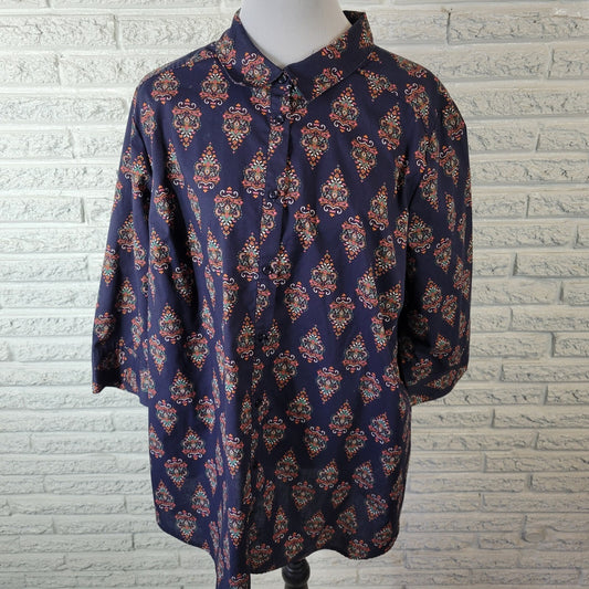 Roaman's Women 24W Plus Size Top Blue Geometric Collared Button 3/4 Sleeve