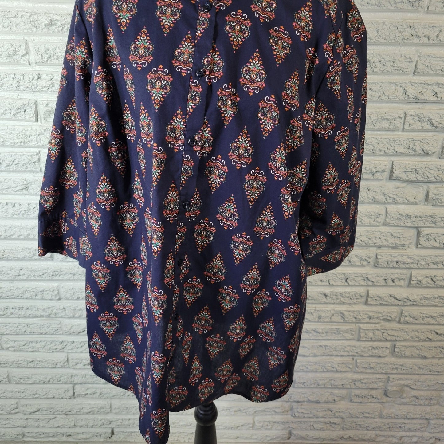 Roaman's Women 24W Plus Size Top Blue Geometric Collared Button 3/4 Sleeve