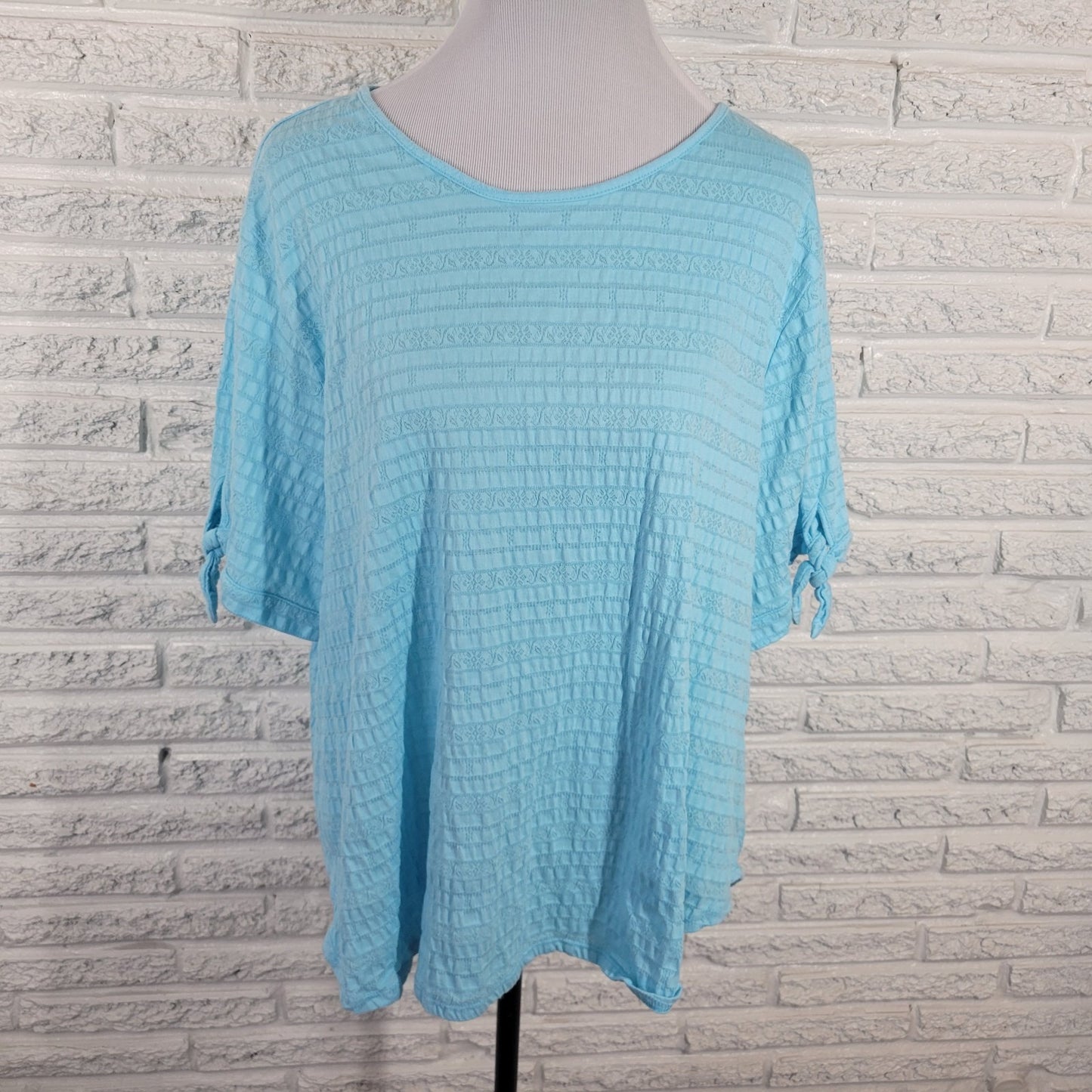 Ruby Rd Womens Top 2X Plus Tee Blue Tied Short Sleeve Eyelet Lightweight Comfy