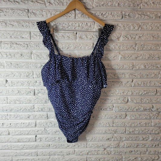 Kona Sol Women's 20 Plus Size One Piece Swimsuit Blue White Polka Dot Ruffle Bra