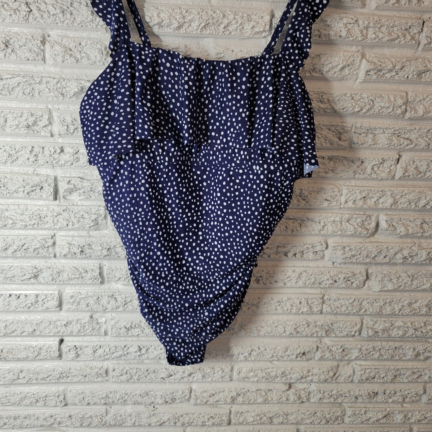 Kona Sol Women's 20 Plus Size One Piece Swimsuit Blue White Polka Dot Ruffle Bra