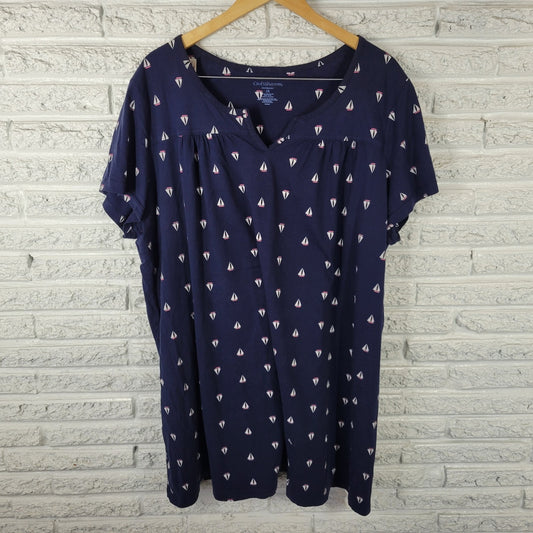 Croft Barrow Womens Pajama Top 2X Plus Nightgown Blue Sailboats Cotton Lounge