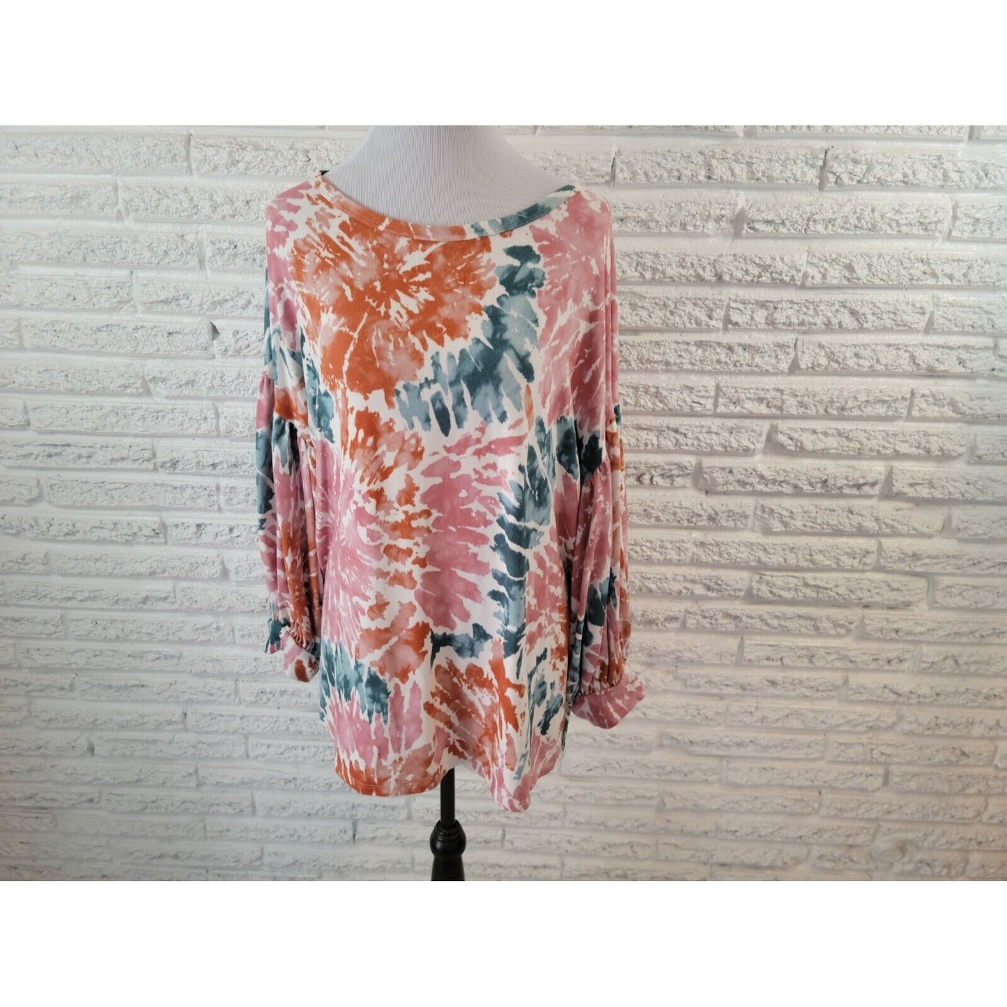 Oddy Womens Top 3XL Plus Tunic Puff 3/4 Sleeve Brown Watercolor Poly Blend