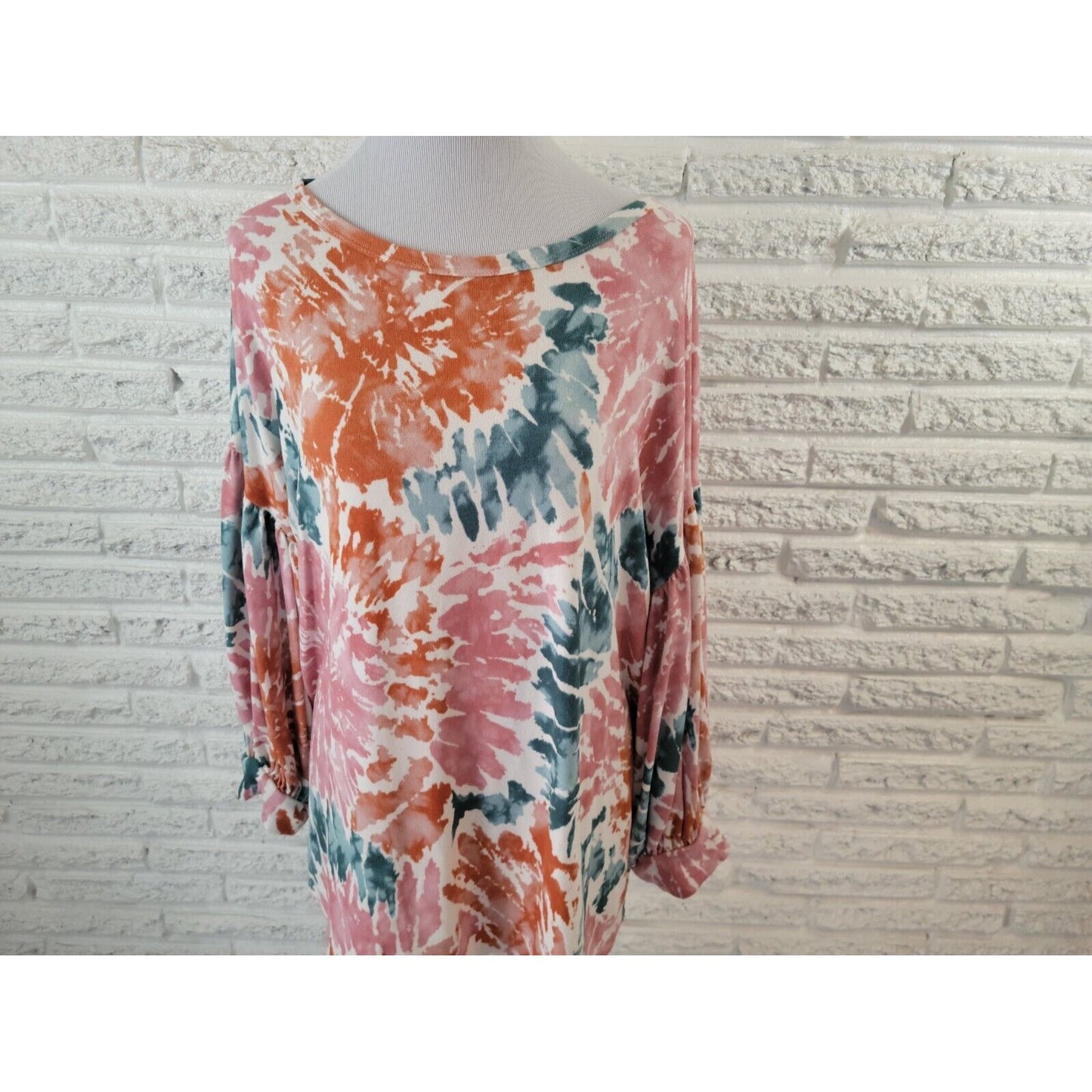 Oddy Womens Top 3XL Plus Tunic Puff 3/4 Sleeve Brown Watercolor Poly Blend