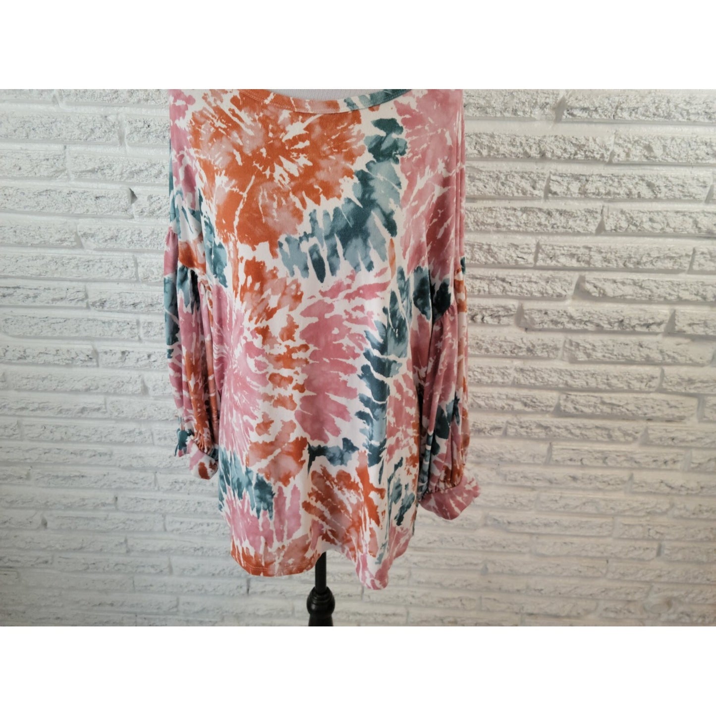 Oddy Womens Top 3XL Plus Tunic Puff 3/4 Sleeve Brown Watercolor Poly Blend