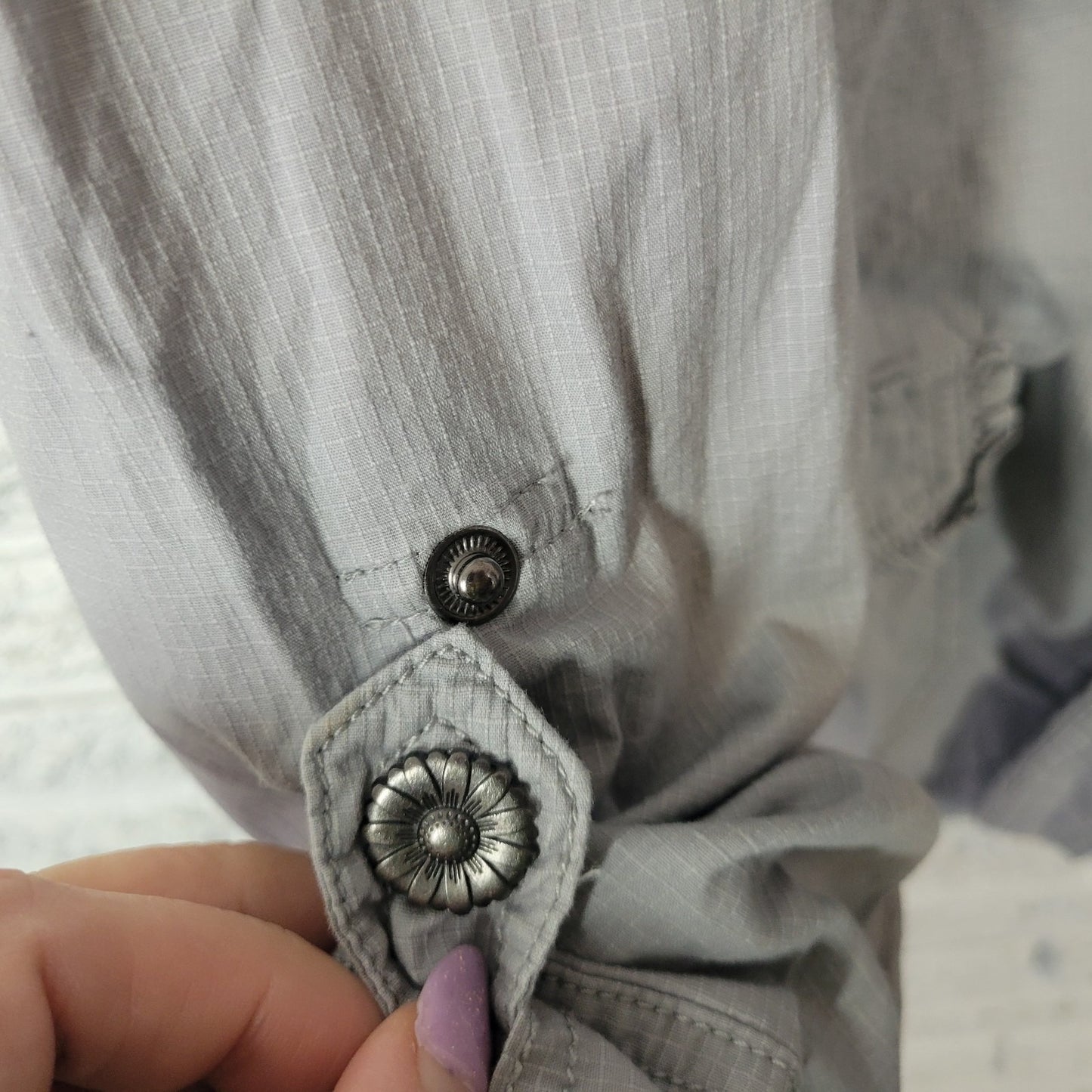 Dress Barn Womens Top 22 24 Shacket Flower Buttons Frilly Pockets Blue Gray