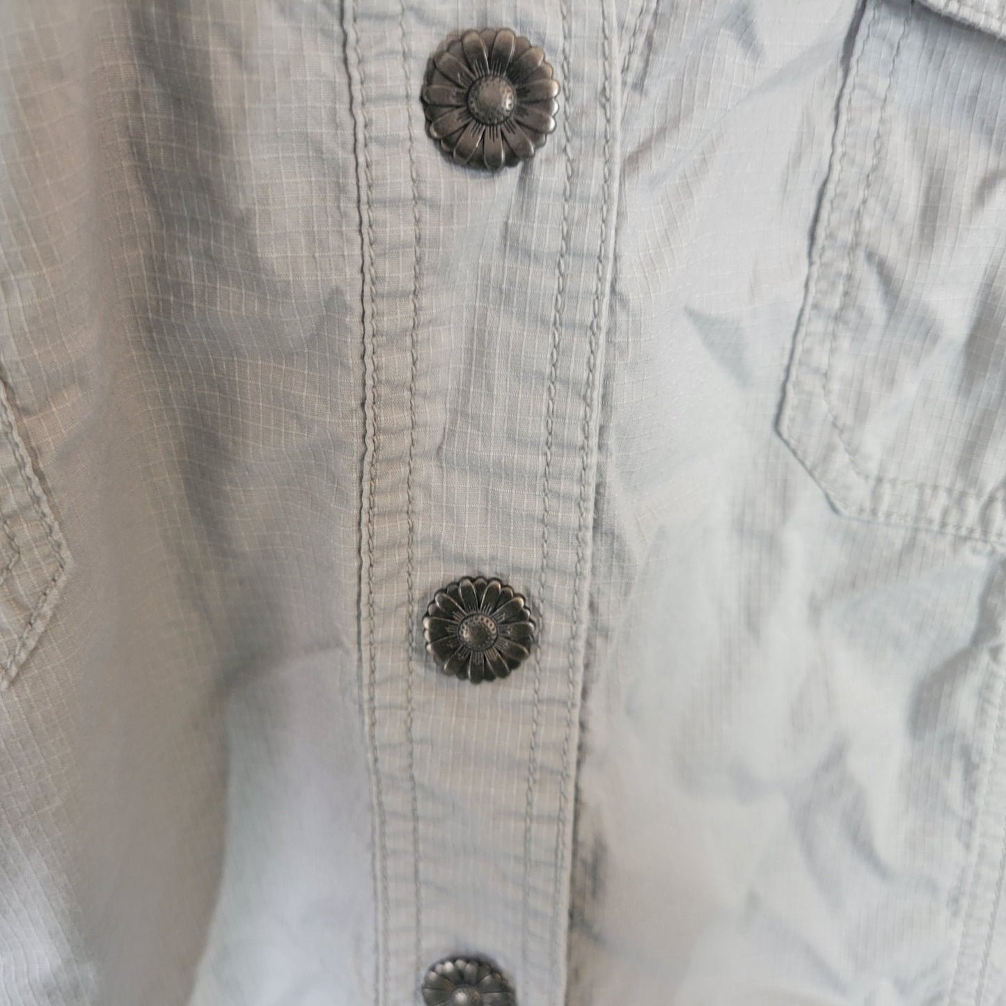 Dress Barn Womens Top 22 24 Shacket Flower Buttons Frilly Pockets Blue Gray