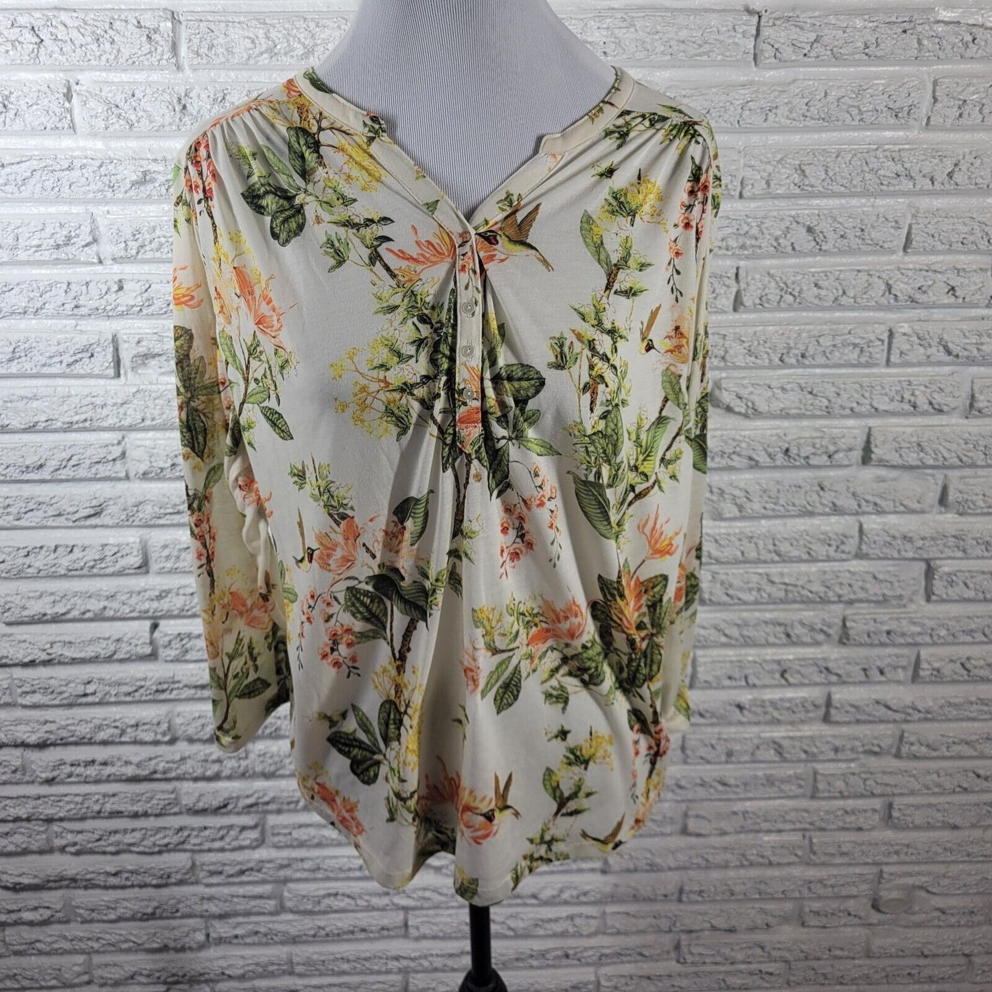 H & M Womens Top Extra Large Long Sleeve Green Yellow Floral Quarter Button Poly