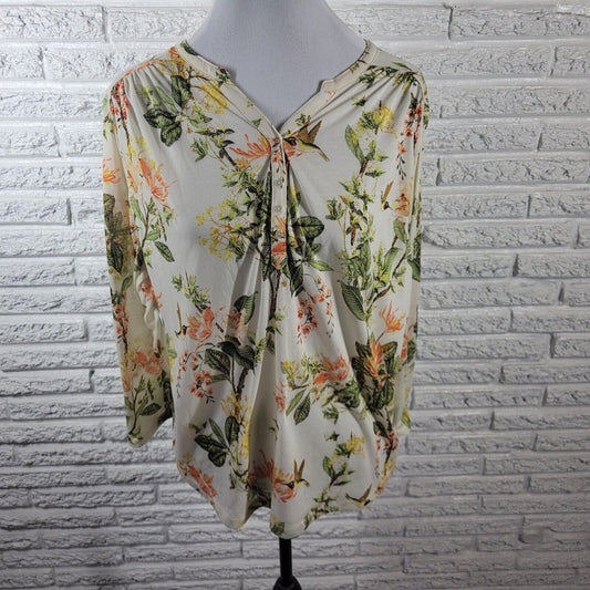 H & M Womens Top Extra Large Long Sleeve Green Yellow Floral Quarter Button Poly
