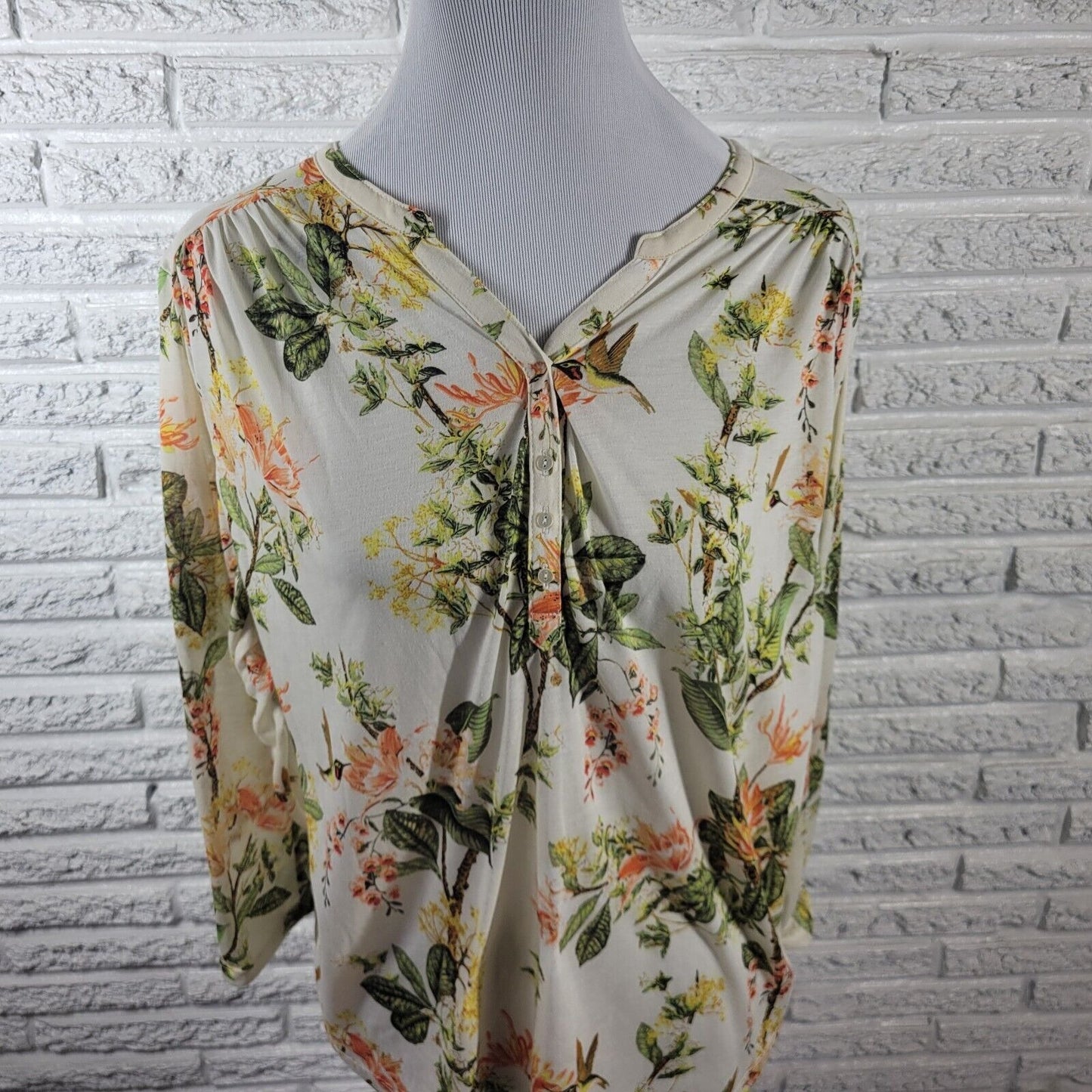 H & M Womens Top Extra Large Long Sleeve Green Yellow Floral Quarter Button Poly